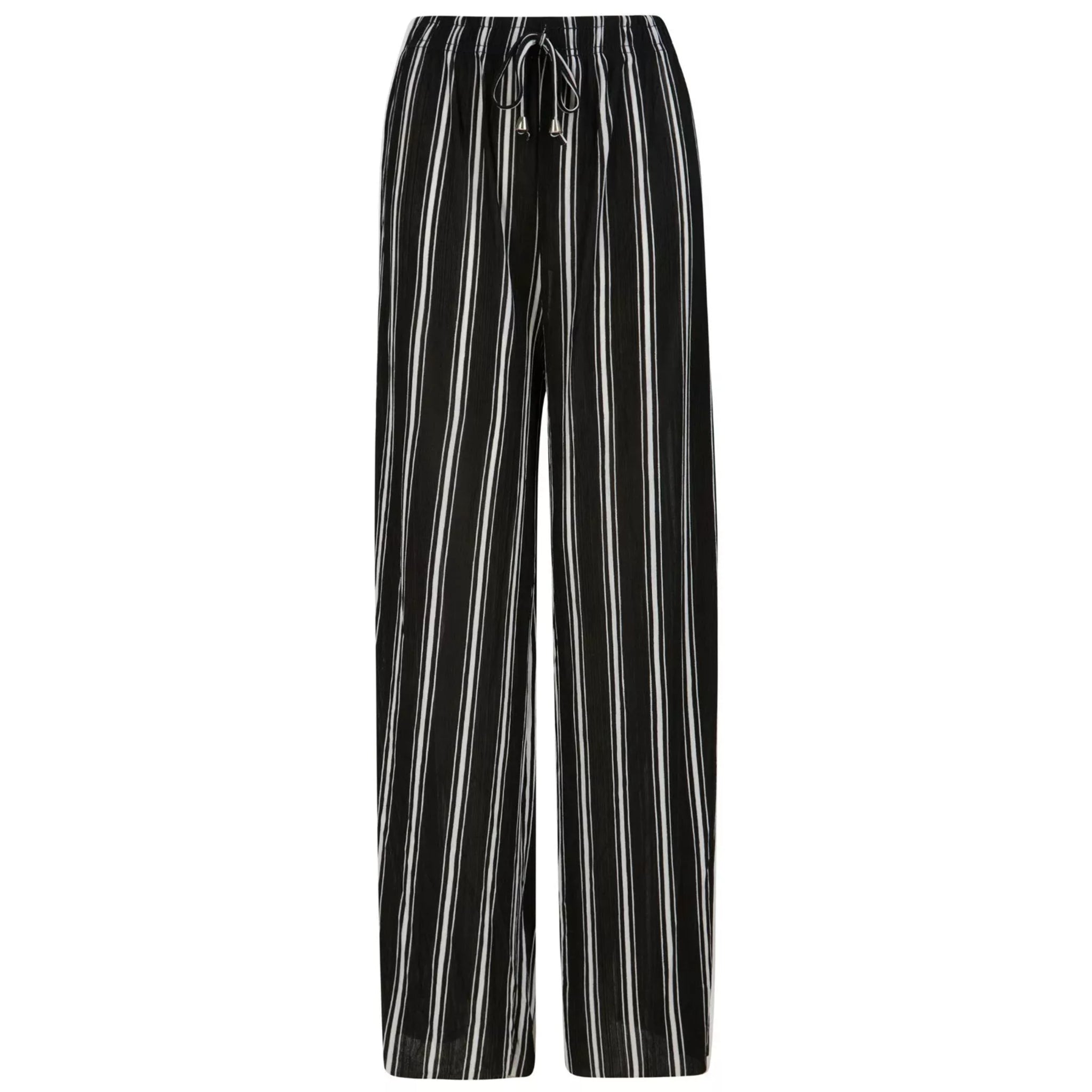 Ladies black and white vertical stripe comfort fit palazzo trousers with drawstring waist